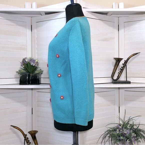 Vintage 70s 80s Cardigan Pink Daisies Teal Blue - Medium - Picture 6 of 8